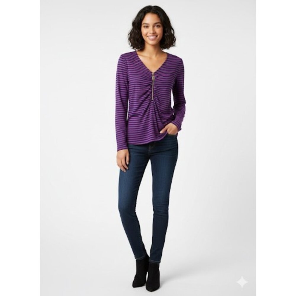 Michael Kors Purple & Black Striped V-Neck & Gold Logo Zip Accent Casual Top - Picture 8 of 12